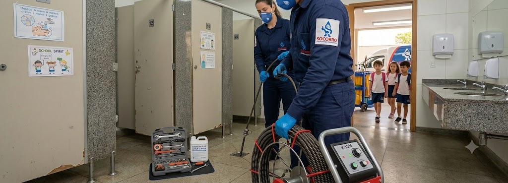 Profissional realizando Desentupimento e Manutenção Preventiva para Escolas, Colégios e Creches em Timbó