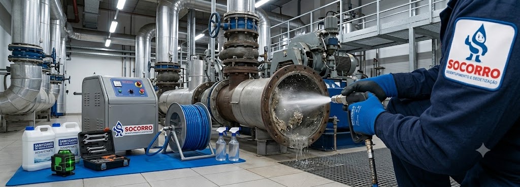 Profissional realizando Desentupimento, Hidrojateamento e Manutenção Preventiva Industrial em Timbó